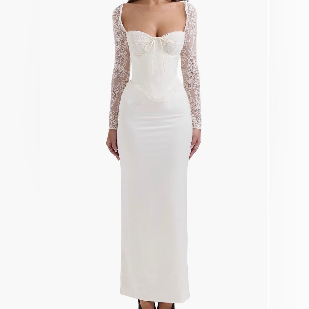 House of CB Cream Lace-Sleeve Corset Gown